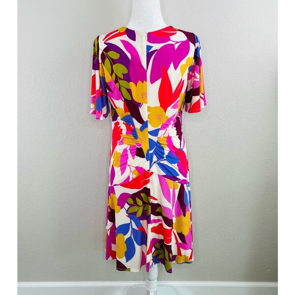 Donna Morgan White Multi Floral Ruched Short Sleeve Mini Dress 8/Medium NWOT - Picture 4 of 16